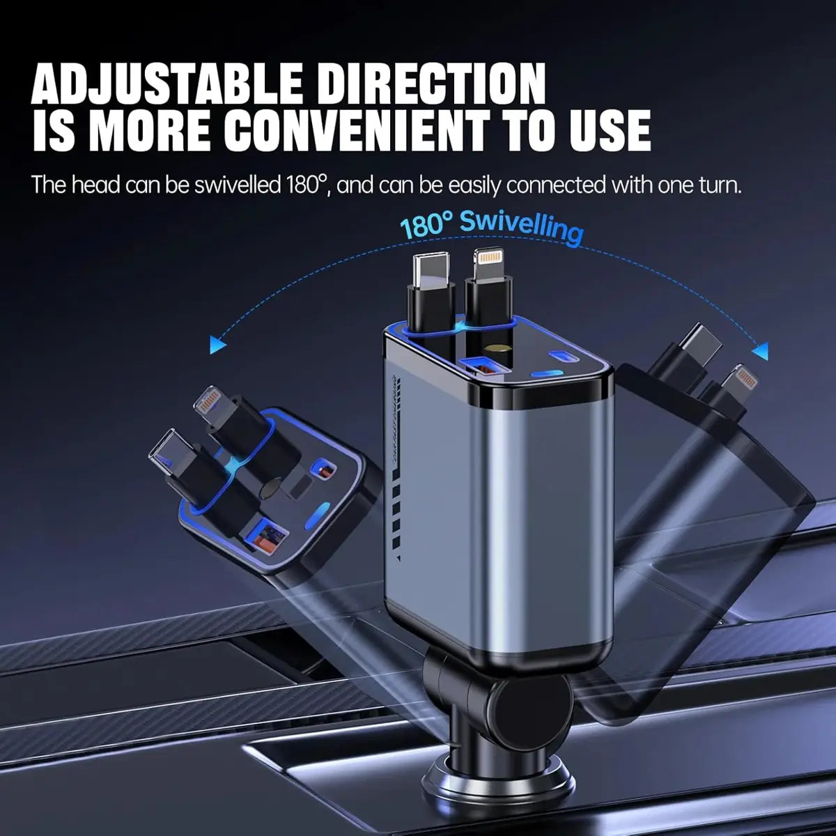 100W Car Charger with Starlight | Retractable | 4 in 1 Fast Charging USB-C Car | for iPhone & Android
