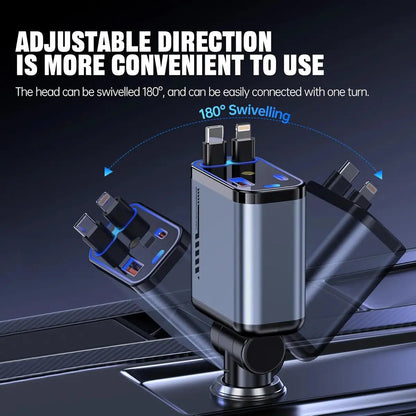 100W Car Charger with Starlight | Retractable | 4 in 1 Fast Charging USB-C Car | for iPhone & Android