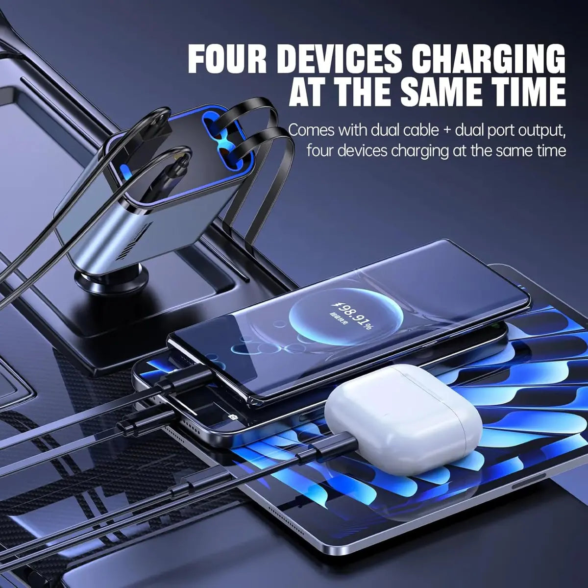 100W Car Charger with Starlight | Retractable | 4 in 1 Fast Charging USB-C Car | for iPhone & Android
