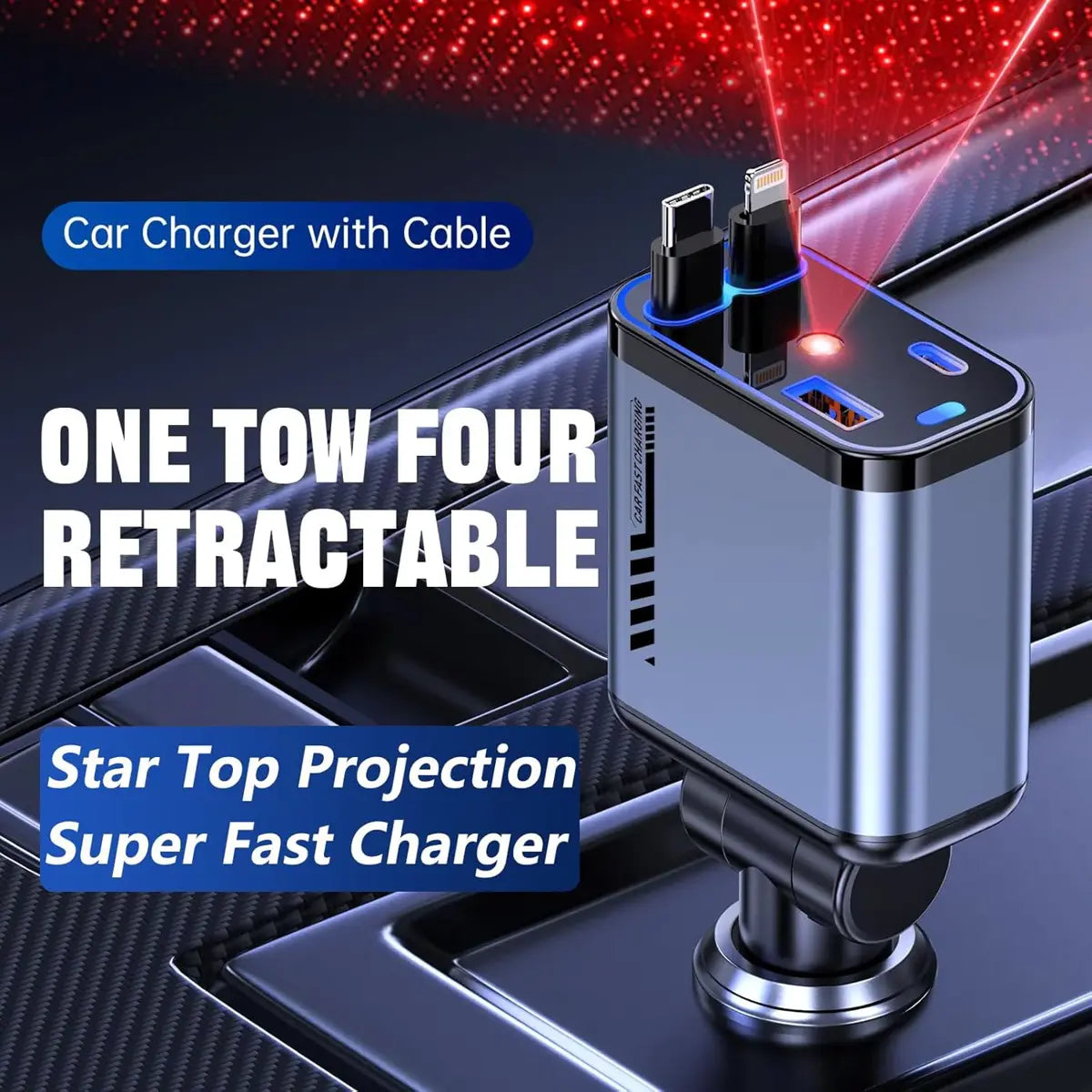 100W Car Charger with Starlight | Retractable | 4 in 1 Fast Charging USB-C Car | for iPhone & Android