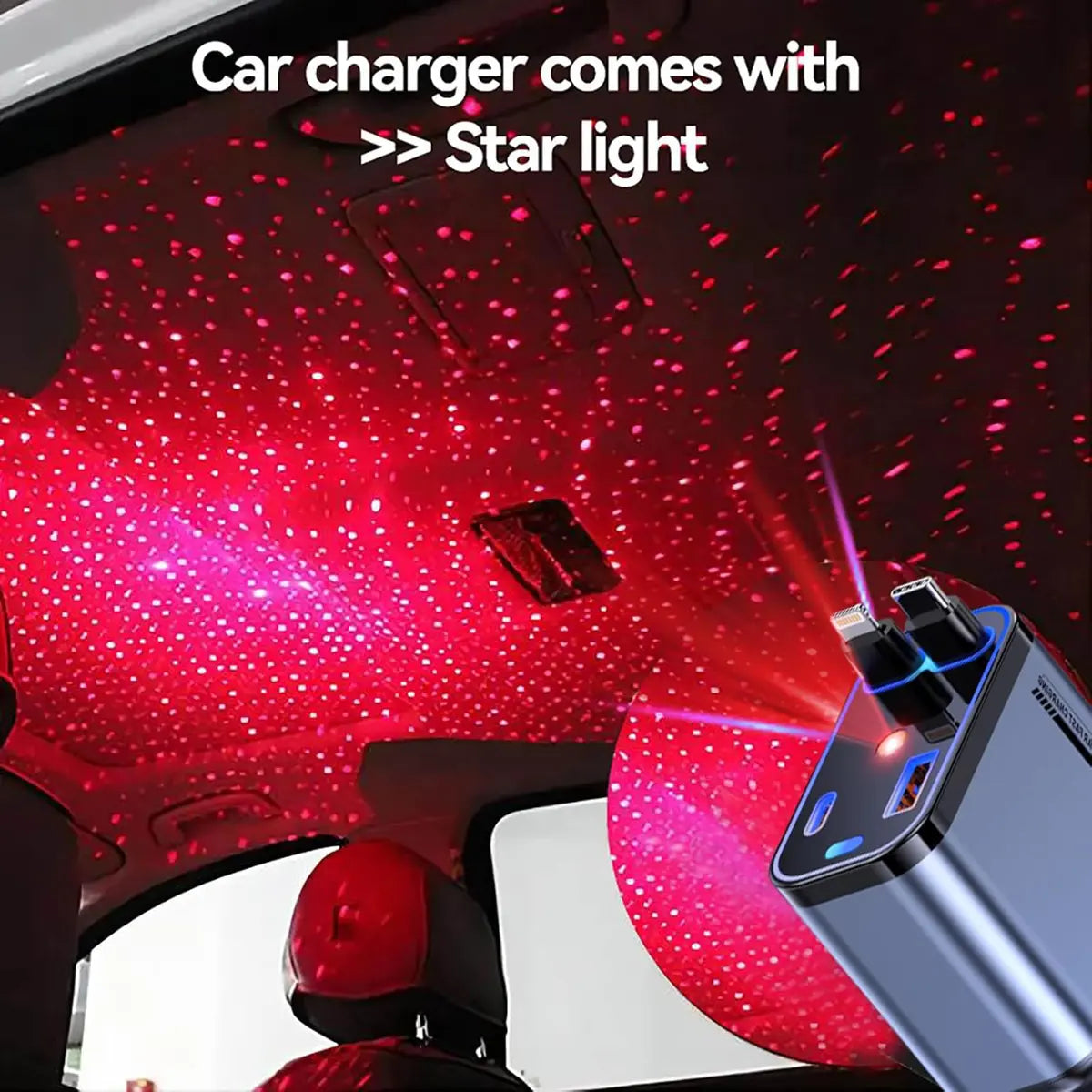 100W Car Charger with Starlight | Retractable | 4 in 1 Fast Charging USB-C Car | for iPhone & Android