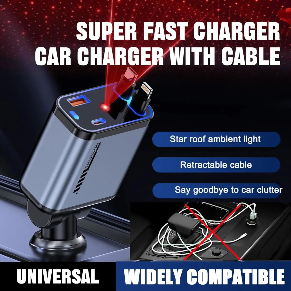 100W Car Charger with Starlight | Retractable | 4 in 1 Fast Charging USB-C Car | for iPhone & Android
