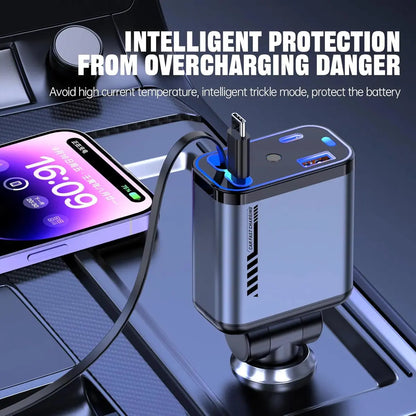 100W Car Charger with Starlight | Retractable | 4 in 1 Fast Charging USB-C Car | for iPhone & Android
