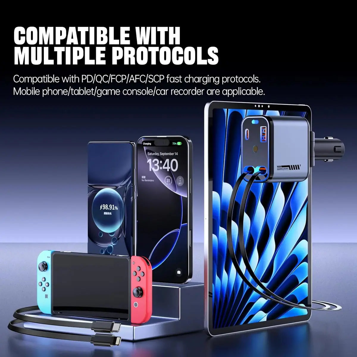 100W Car Charger with Starlight | Retractable | 4 in 1 Fast Charging USB-C Car | for iPhone & Android