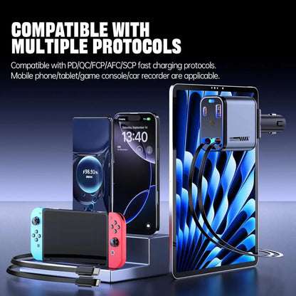 100W Car Charger with Starlight | Retractable | 4 in 1 Fast Charging USB-C Car | for iPhone & Android
